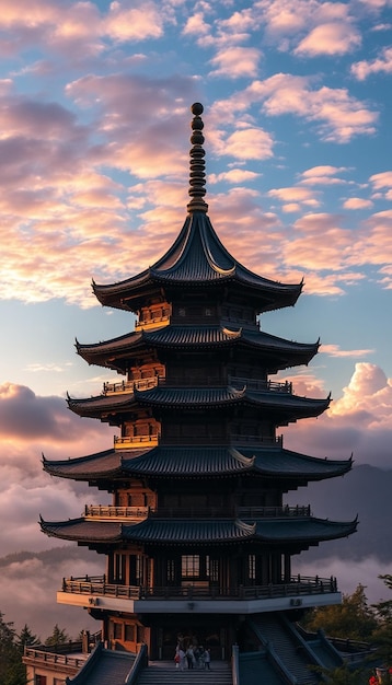 Photo a pagoda with a cloudy sky in the background