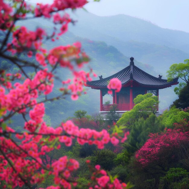 Photo a pagoda with pink flowers in the background and a red pagoda in the background