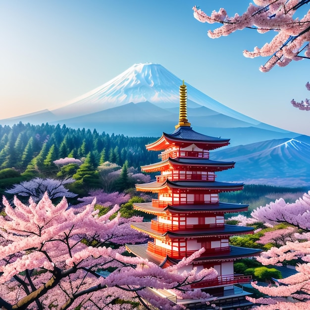 Pagode and Mount with cherry blossom tree during spring season Generative AI