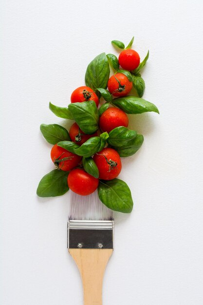 Photo paint brush and dab of ketchup ingredients for cooking sauce tomato basil pepper salt