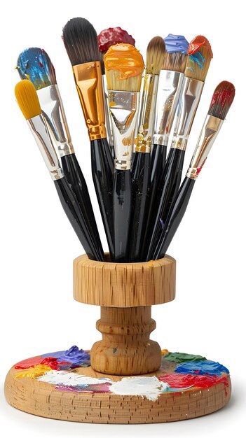 Photo paint brushes in wooden holder on palette