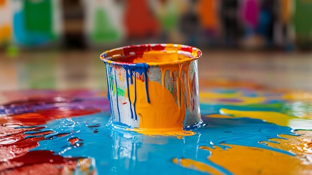 Photo paint bucket dripping colorful paint on floor in art studio