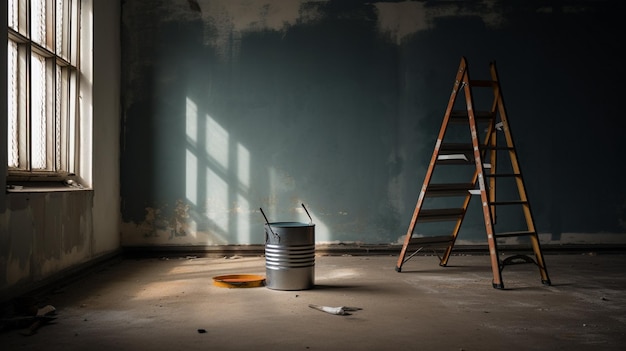 Paint can and ladder in empty room