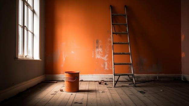 Paint can and ladder in empty room