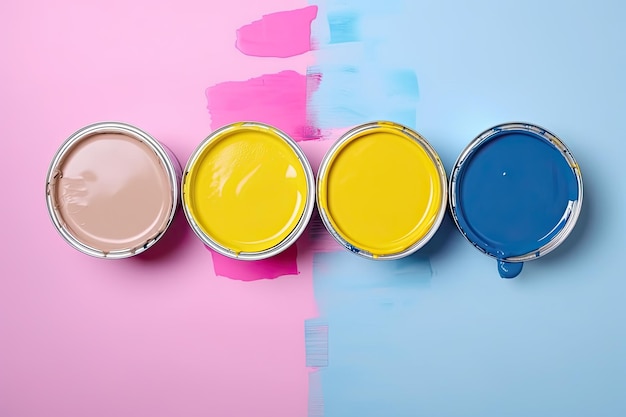 Paint cans of various colors on a pink and blue background top view Ai generative