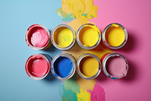 Paint cans of various colors on a pink yellow and blue background top view Ai generative