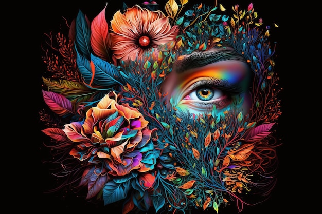 Paint drawing flowers and eyes black background background Generative AI