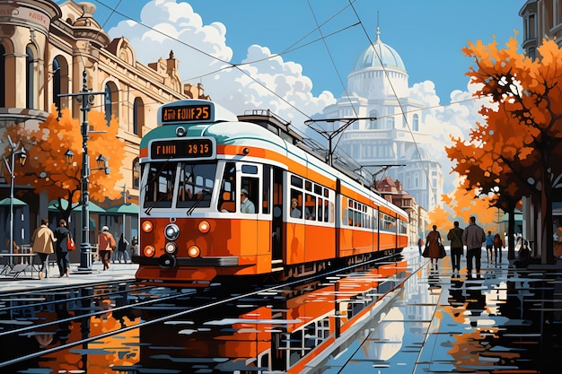 paint Illustrate a bustling city scene with ecofriendly environment