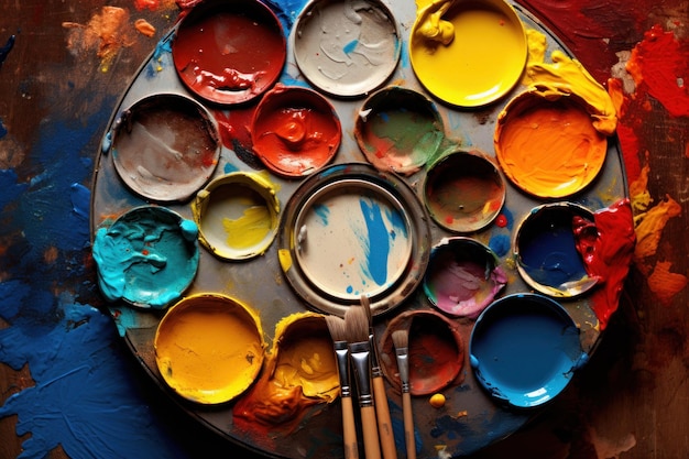 Paint Palette with Brushes on Table