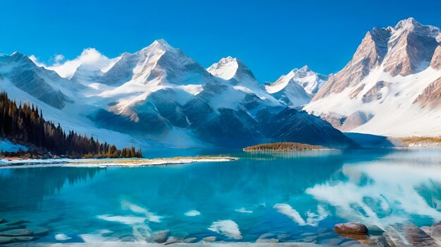 Paint the picture of a pristine crystalclear lake nestled among snowcapped peaks reflecting