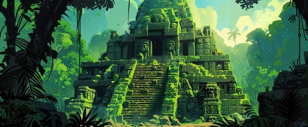 Paint A Scene Of An Ancient Mayan Temple Deep In The Heart Of A Dense Jungle Cartoon style