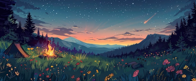 Paint A Scene Of A Serene Alpine Meadow At Twilight Cartoon style