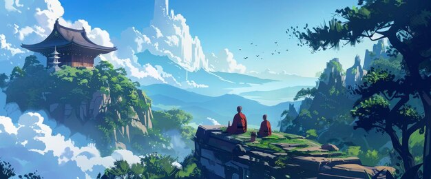 Paint A Scene Of A Serene Zen Monastery Atop A MistShrouded Mountain Cartoon style