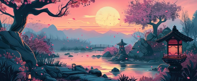 Paint A Scene Of A Tranquil Japanese Garden At Twilight Cartoon style