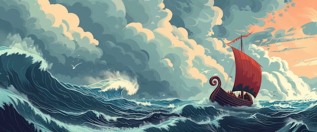 Paint A Scene Of A Viking Longship Sailing Through Stormy Seas Cartoon style