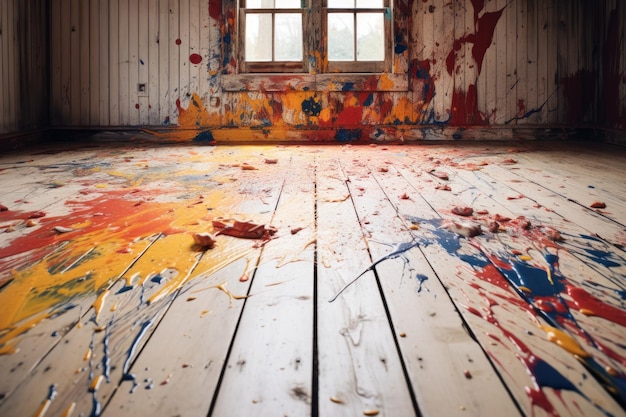 Paint splatters on a wooden floor