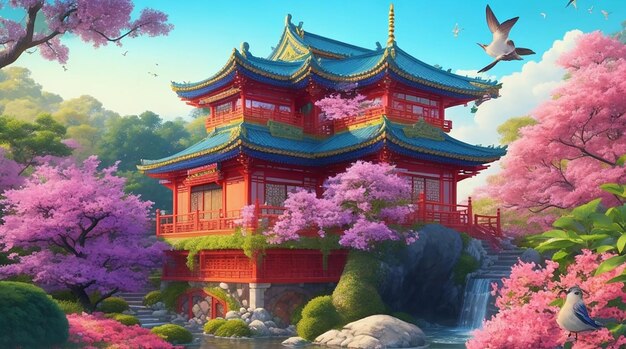 Paint a vivid picture of a Asian castle with a tranquil garden colorful flowers and singing birds