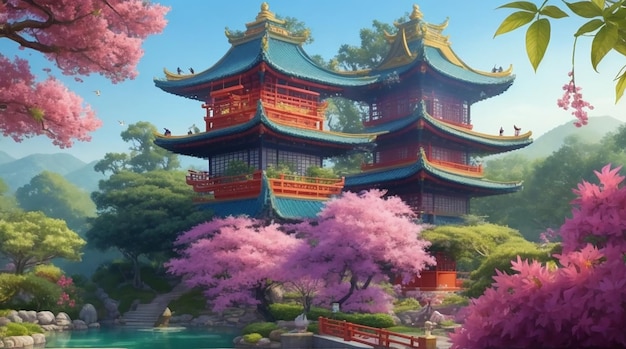 Paint a vivid picture of a four Asian castle with a tranquil garden colorful flowers and