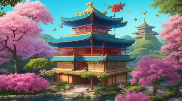 Paint a vivid picture of a four Asian castle with a tranquil garden colorful flowers and