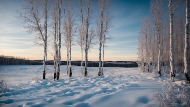 Paint a vivid picture of the tranquil winter twilight in a birch grove focusing on the unique patte