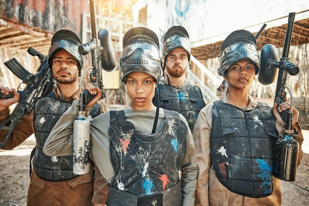 Paintball serious and portrait of team or people ready for a battle and teamwork or collaboration together Concentrate sports and army on a mission on the battlefield with guns for competition