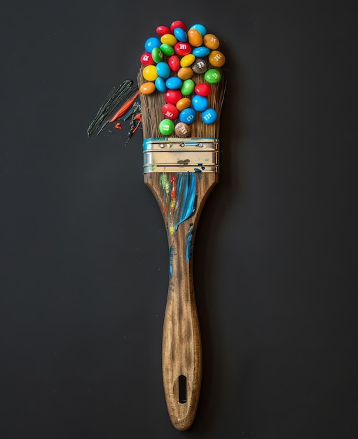 Photo paintbrush filled with colorful mms against a dark background