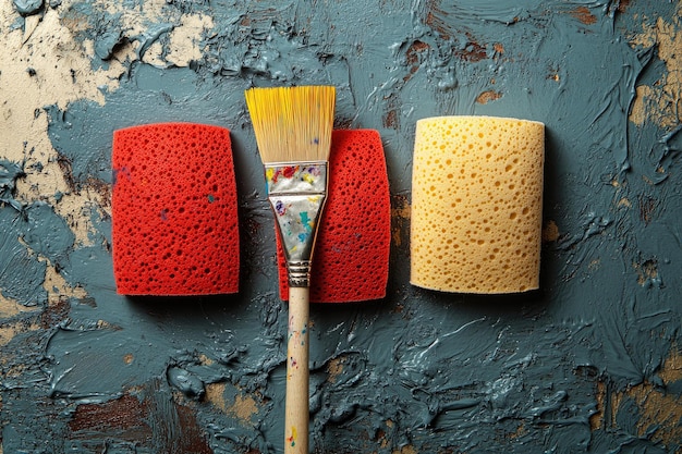 Photo paintbrush and sponges on a textured surface