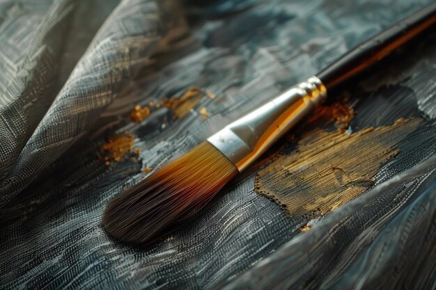 Photo paintbrush with golden paint lying on fabric