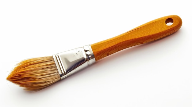 Photo paintbrush with wooden handle on white background