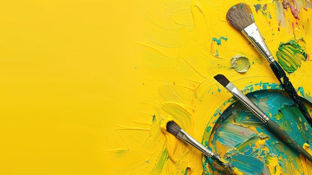 Photo paintbrushes on colorful paint palette with yellow background