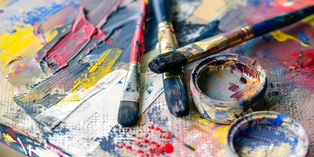 Photo paintbrushes and colorful paints arranged on an easel