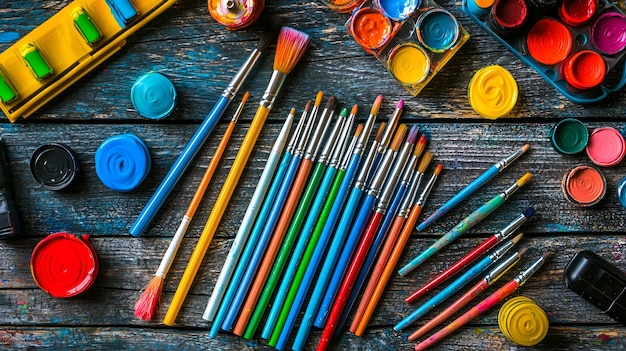 Photo paintbrushes paint and palette on a rustic wooden table