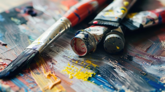 Paintbrushes and paint tubes lying on a messy palette