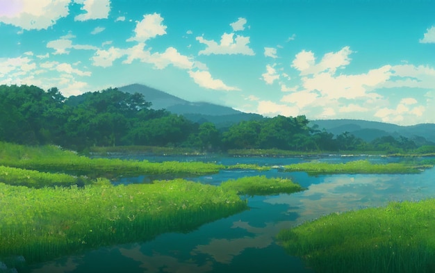 A painted anime background landscape with lake and mountains.