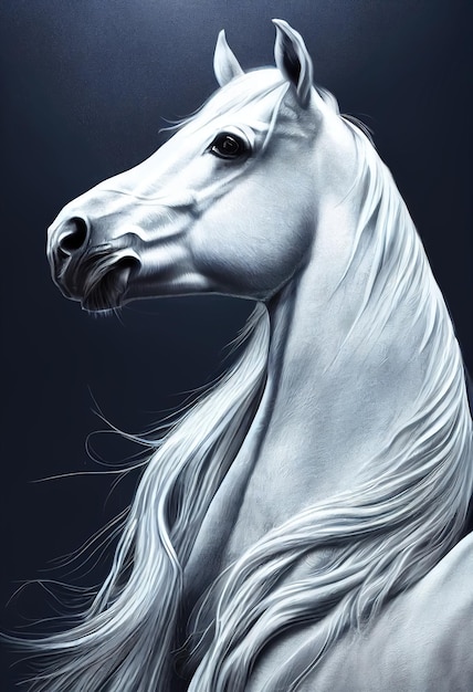 Painted beautiful white racehorse on a black background