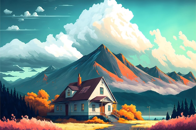 Painted bright landscape with a house clouds and mountain poetic scenery background