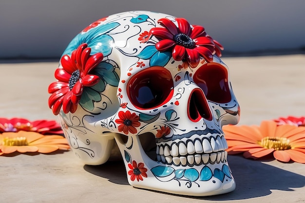 Photo painted ceramic skull with vibrant red gerbera daisy flowers dia de los muertos decoration