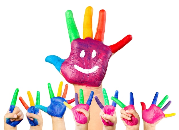 painted children's hands in different colors with smilies