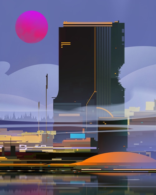 Painted color fantasy city flat landscape of the future near the water