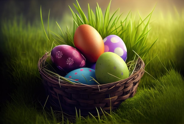 Painted Easter eggs in the basket at meadow grass field background Holiday and festival concept Generative AI