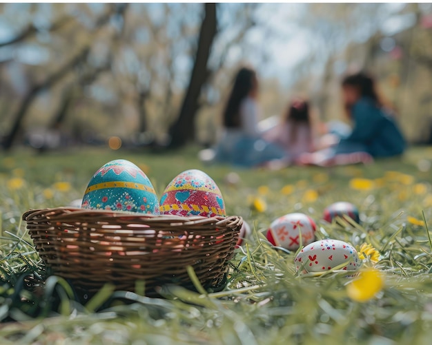 Painted Easter eggs rest in a basket on grass with a blurred background of a family enjoying