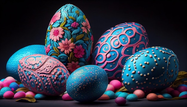 Photo painted easter eggs on the table generative ai