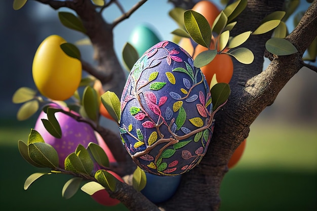 Painted easter eggs on a tree on a sunny day Generative AI