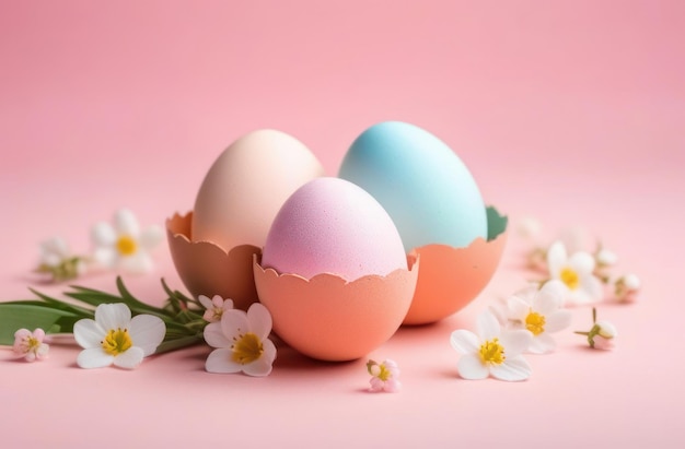 Painted eggs with spring flowers on a pink background Easter concept greeting card