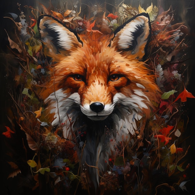 A painted fox surrounded by flowers and trees Ai generated art