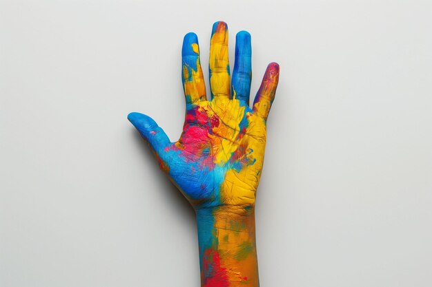 Photo a painted hand in vibrant colors including yellow red blue and green is raised against a white background image for unity creativity and the fight for equality and human rights