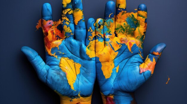 Photo painted hands holding the world