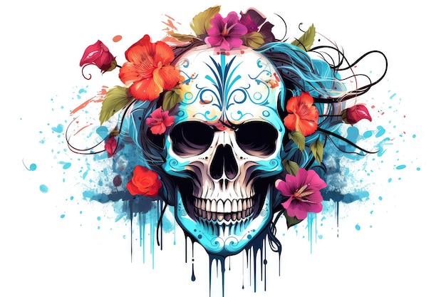 Painted Human Skull With Colorful Dreads Flowers And Paint Splashes