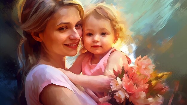 Painted image of a young mother holding her daughter in arms parenthood mother's day Generated AI