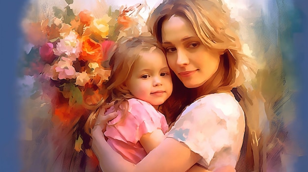 Painted image of a young mother holding her daughter in arms parenthood mother's day Generated AI